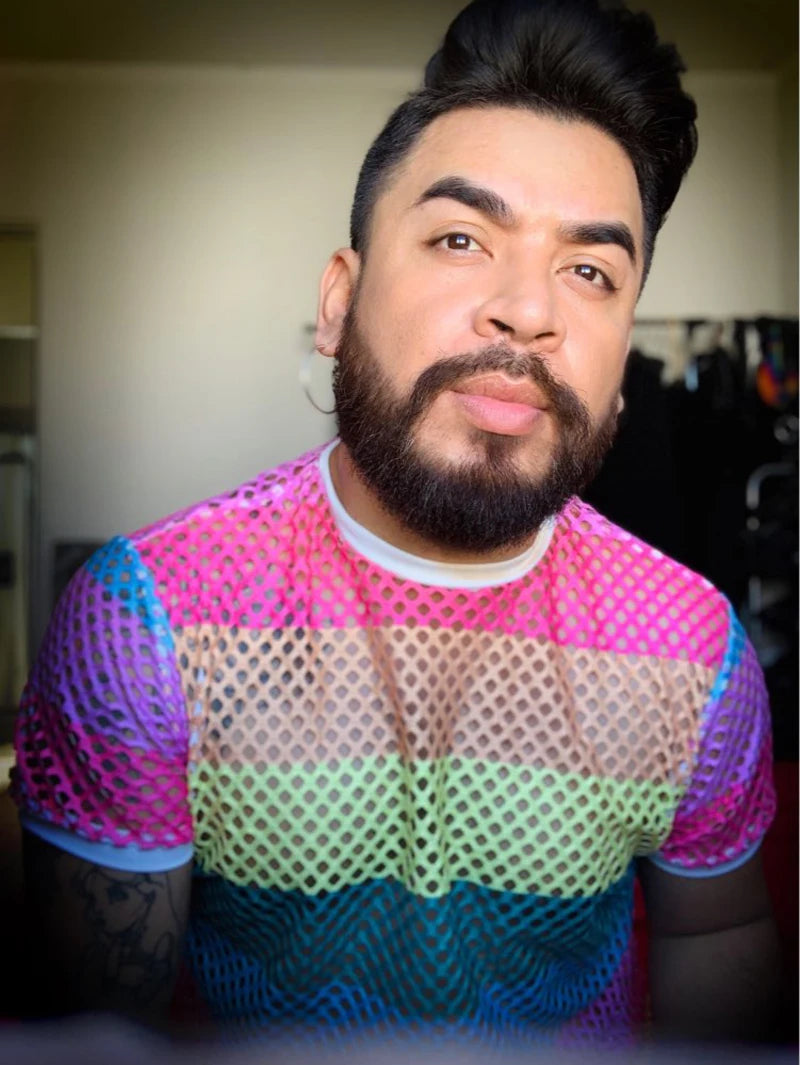 Men's Rainbow Mesh See through Fishnet T Shirt 2021 Sexy Short Sleeve Transparent Tshirt Homme Hip Hop Streetwear Camisetas 5XL - Pride Bow