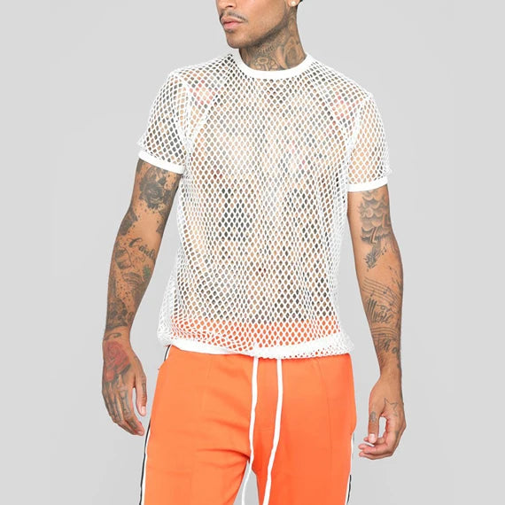 Men's Rainbow Mesh See through Fishnet T Shirt 2021 Sexy Short Sleeve Transparent Tshirt Homme Hip Hop Streetwear Camisetas 5XL - Pride Bow