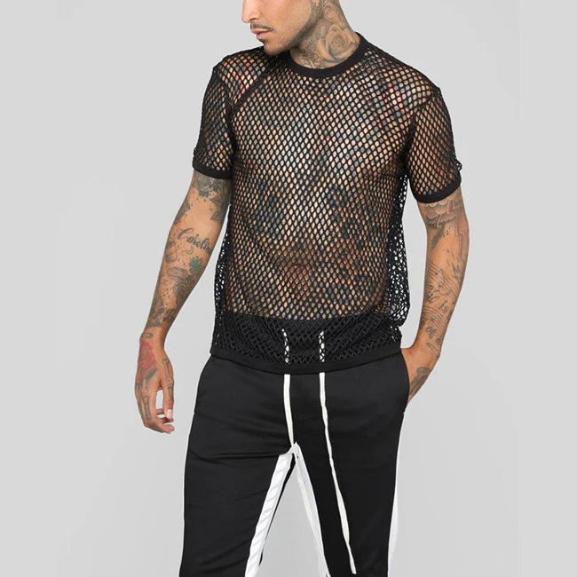 Men's Rainbow Mesh See through Fishnet T Shirt 2021 Sexy Short Sleeve Transparent Tshirt Homme Hip Hop Streetwear Camisetas 5XL - Pride Bow