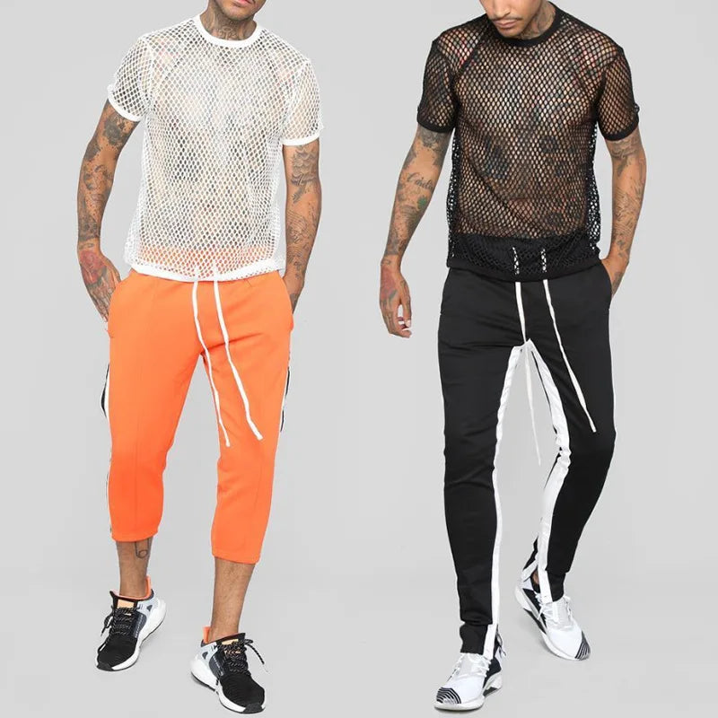 Men's Rainbow Mesh See through Fishnet T Shirt 2021 Sexy Short Sleeve Transparent Tshirt Homme Hip Hop Streetwear Camisetas 5XL - Pride Bow