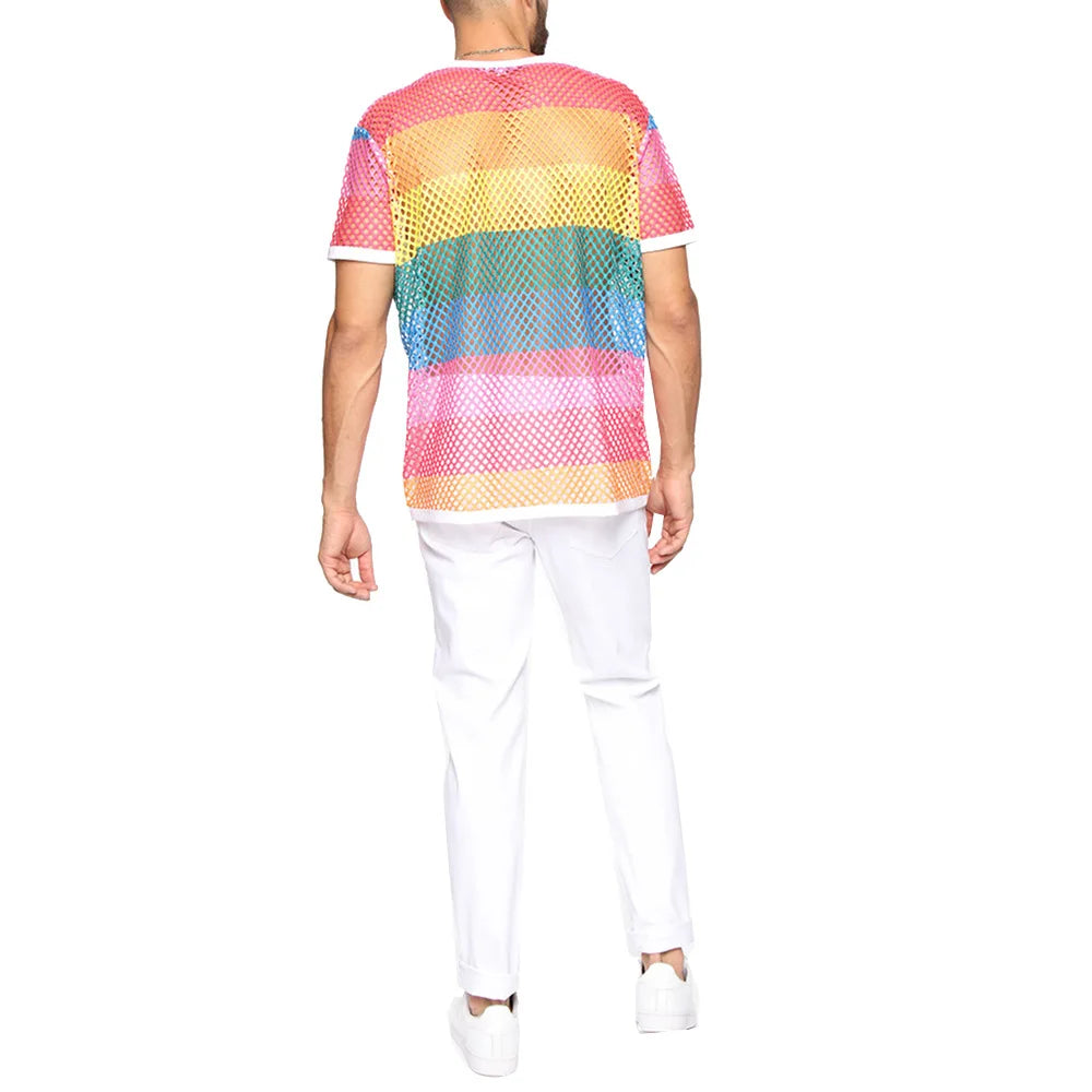 Men's Rainbow Mesh See through Fishnet T Shirt 2021 Sexy Short Sleeve Transparent Tshirt Homme Hip Hop Streetwear Camisetas 5XL - Pride Bow