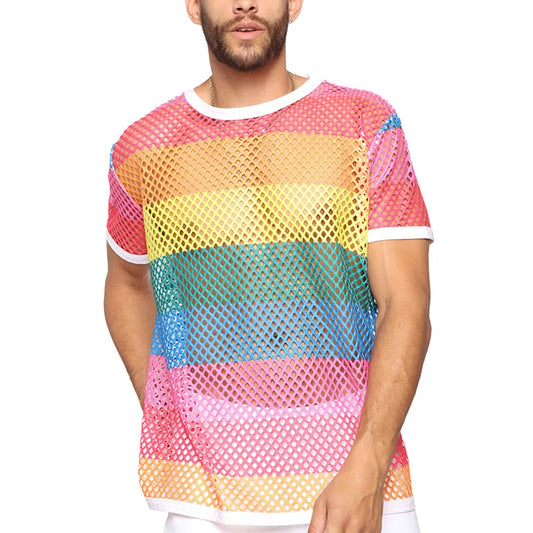 Men's Rainbow Mesh See through Fishnet T Shirt 2021 Sexy Short Sleeve Transparent Tshirt Homme Hip Hop Streetwear Camisetas 5XL - Pride Bow