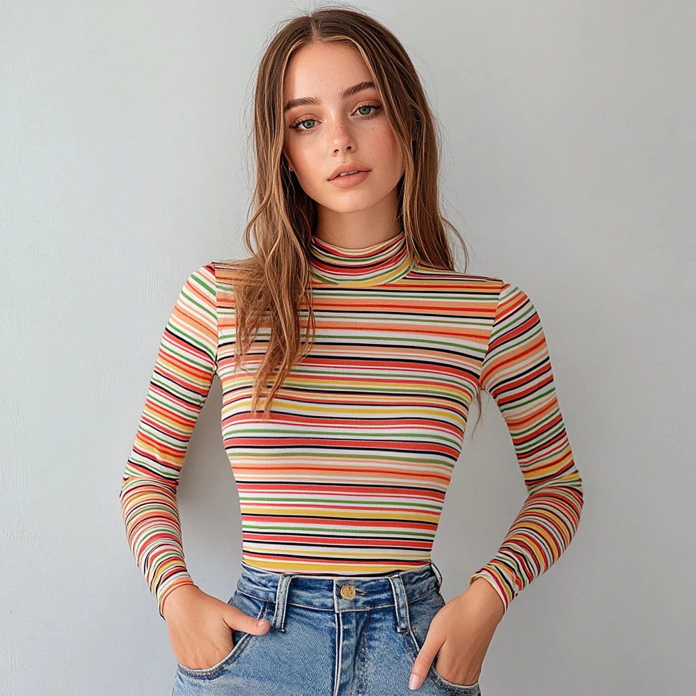 Mia Muse Women'S T-Shirts Autumn Fitting Slim Stripe Long Sleeve High-Neck Regular Casual T-Shirts - Pride Bow