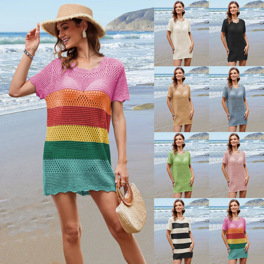 Dress Women Mid Length Dresses Beach Round Neck Short Sleeve Knitted Hollow Out Smock Casual Loose Y2k Vestidos Streetwear - Pride Bow