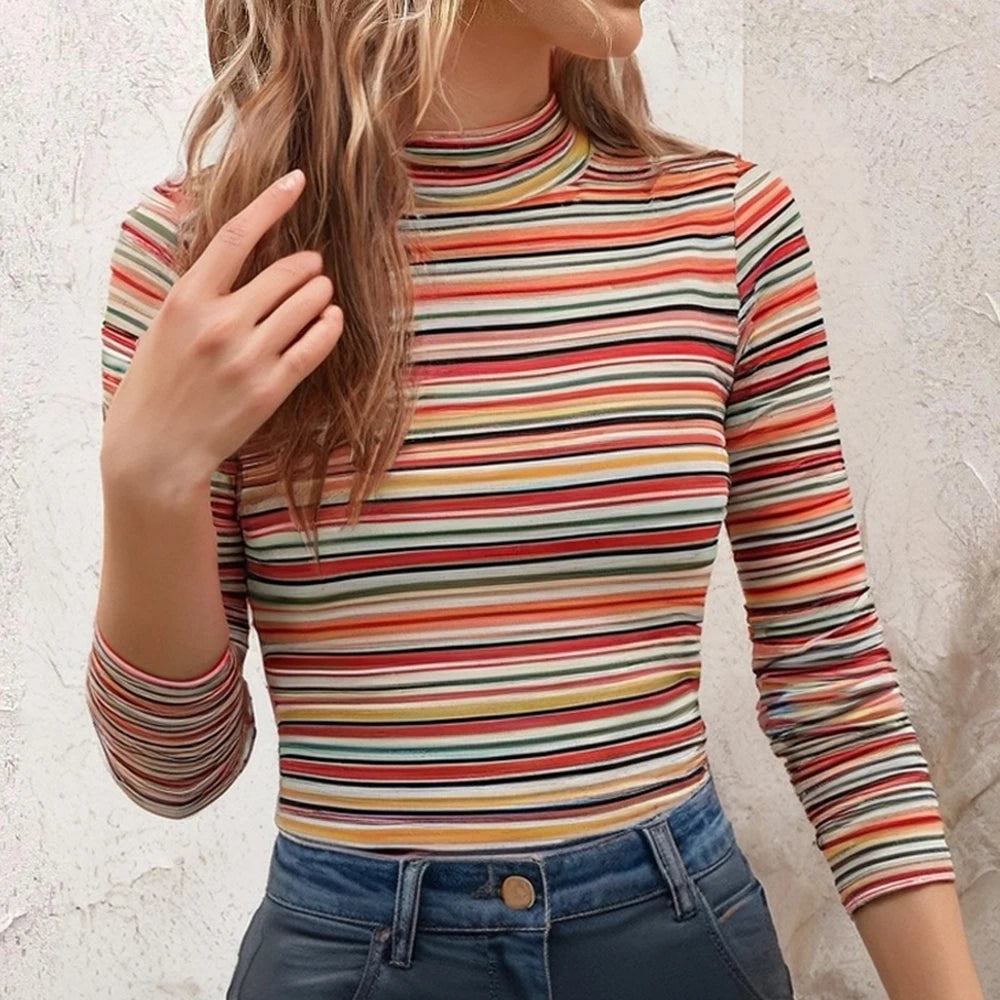 Mia Muse Women'S T-Shirts Autumn Fitting Slim Stripe Long Sleeve High-Neck Regular Casual T-Shirts - Pride Bow