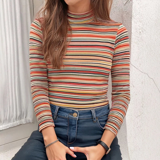 Mia Muse Women'S T-Shirts Autumn Fitting Slim Stripe Long Sleeve High-Neck Regular Casual T-Shirts - Pride Bow
