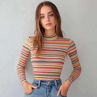 Mia Muse Women'S T-Shirts Autumn Fitting Slim Stripe Long Sleeve High-Neck Regular Casual T-Shirts - Pride Bow