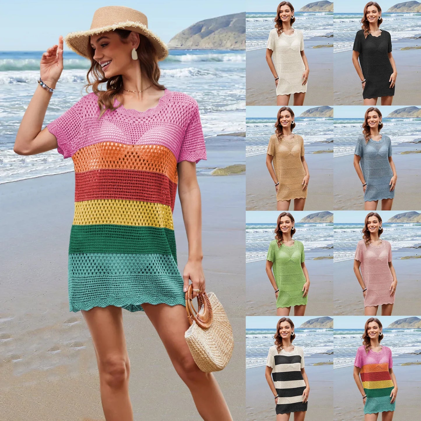 Dress Women Mid Length Dresses Beach Round Neck Short Sleeve Knitted Hollow Out Smock Casual Loose Y2k Vestidos Streetwear - Pride Bow