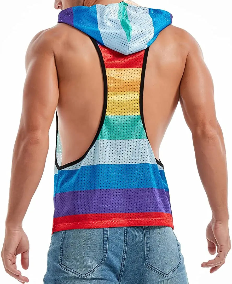 FIROTTII Mens Crop Tops Sexy Fishnet Mesh See Through Crop Tank Tops for Men - Pride Bow