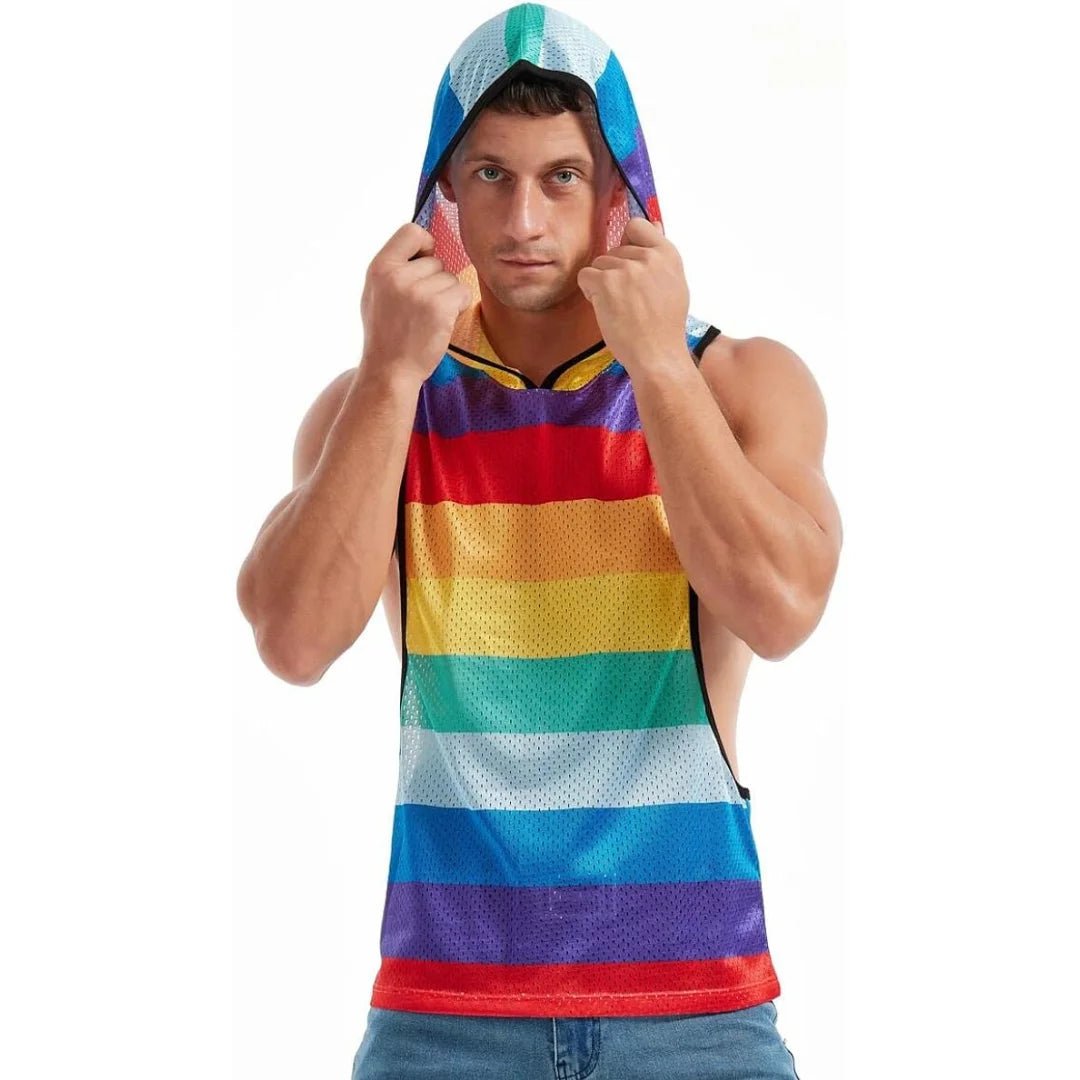 FIROTTII Mens Crop Tops Sexy Fishnet Mesh See Through Crop Tank Tops for Men - Pride Bow