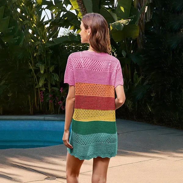 Dress Women Mid Length Dresses Beach Round Neck Short Sleeve Knitted Hollow Out Smock Casual Loose Y2k Vestidos Streetwear - Pride Bow