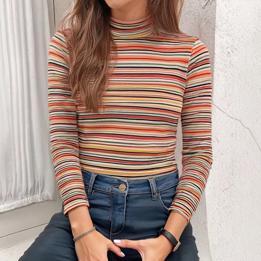 Mia Muse Women'S T-Shirts Autumn Fitting Slim Stripe Long Sleeve High-Neck Regular Casual T-Shirts - Pride Bow