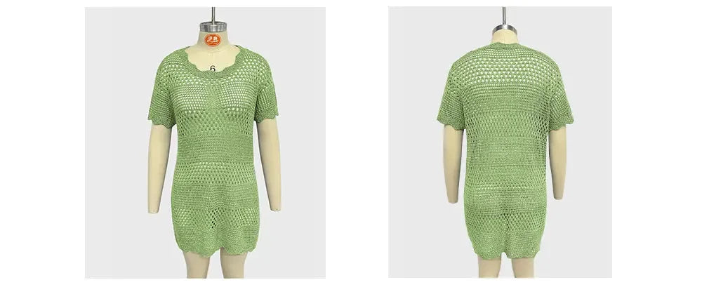 Dress Women Mid Length Dresses Beach Round Neck Short Sleeve Knitted Hollow Out Smock Casual Loose Y2k Vestidos Streetwear - Pride Bow