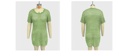 Dress Women Mid Length Dresses Beach Round Neck Short Sleeve Knitted Hollow Out Smock Casual Loose Y2k Vestidos Streetwear - Pride Bow